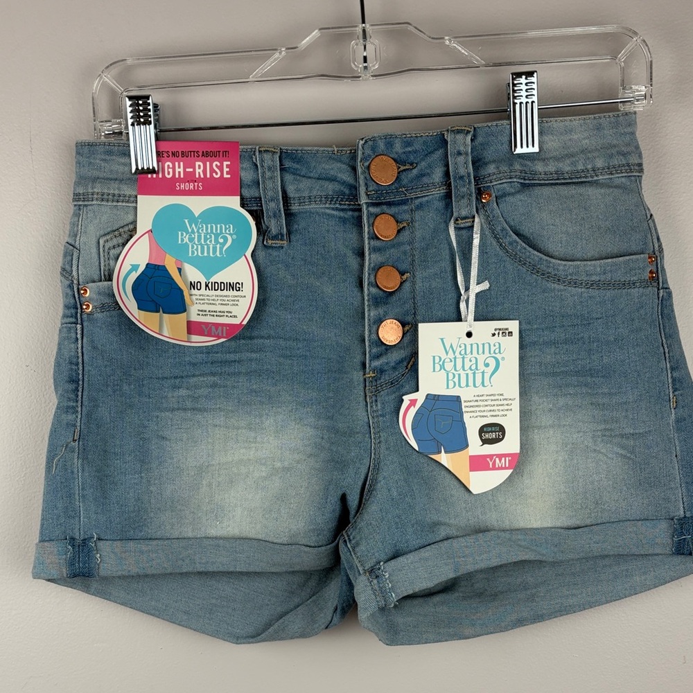 YMI Light Blue High-Rise Denim Shorts with Button Front size 9 NWT  betta butt